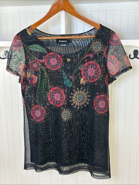 Desigual Black Sheer Mesh Floral Rhinestone Top L